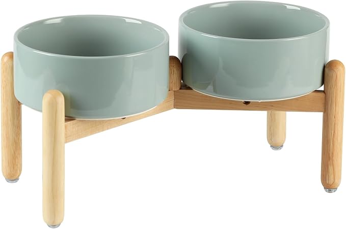 Havniva Elevated Dog Bowls Ceramic Dog Bowls with Stand, Dog Food Bowl | 7.3” Raised Dog Bowls with Non-Slip Wood Stand, Dog Food and Water Bowl Set, Double Dog Feeding Bowls for Medium Dogs