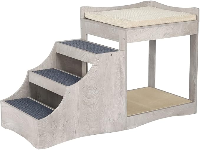 unipaws Pet Bunk Bed with Removable Step for Dog and Cat, Window Perch Seat | Multi-Level Bed with Cushion and Cat Scratch Pad, Indoor Use, Grey