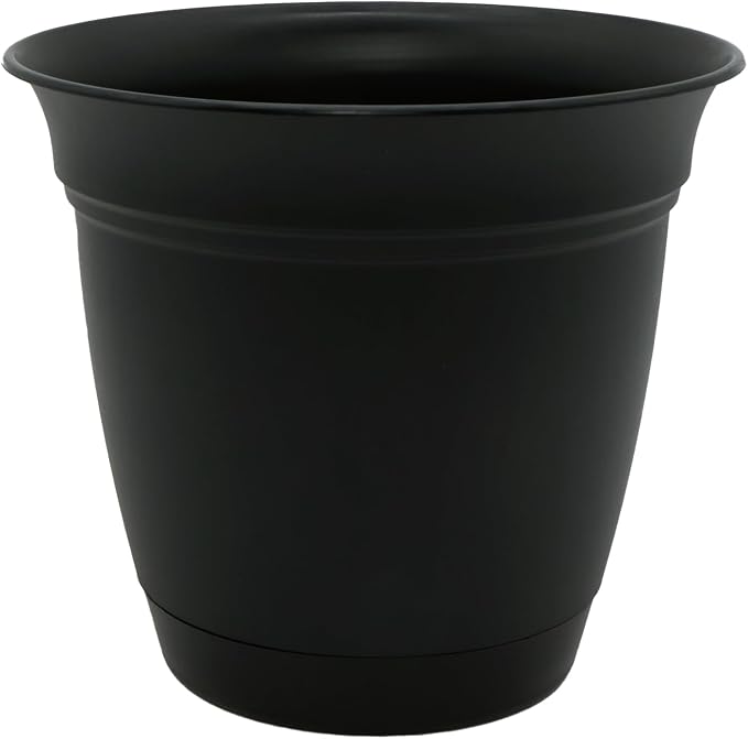 The HC Companies Eclipse Round Planter with Saucer - Outdoor & Indoor Plant Pot with Drainage Holes - Lightweight, UV-Resistant Plastic Pots for Plants, Flowers & Herbs (8" Black, Pack of 1)