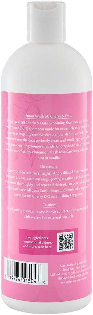 Chris Christensen Smartwash50 Cherry & Oats Ultra Concentrated Dog Shampoo, Makes Up to 50 Bottles, Groom Like A Professional, Delightfully Fragranced, Suitable for All Coats, Made in USA, 16 Oz