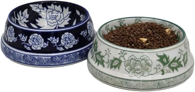 Aimusego Vintage Blue Ceramic Dog Bowls, Dog Food Feeding Dish for Medium Dogs Cats, Heavy Chinoiserie Porcelain Pet Bowl for Water,Durable & Easy to Clean-9inch
