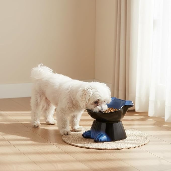 Nihow Elevated Ceramic Dog Bowls: 6.5 Inch Raised Dog Bowl for Food & Water | Food Safe Bowl for Medium/Small Size Dogs - Vivid Blue Puppy Bowls for Protecting Pet's Spine (1 PC)