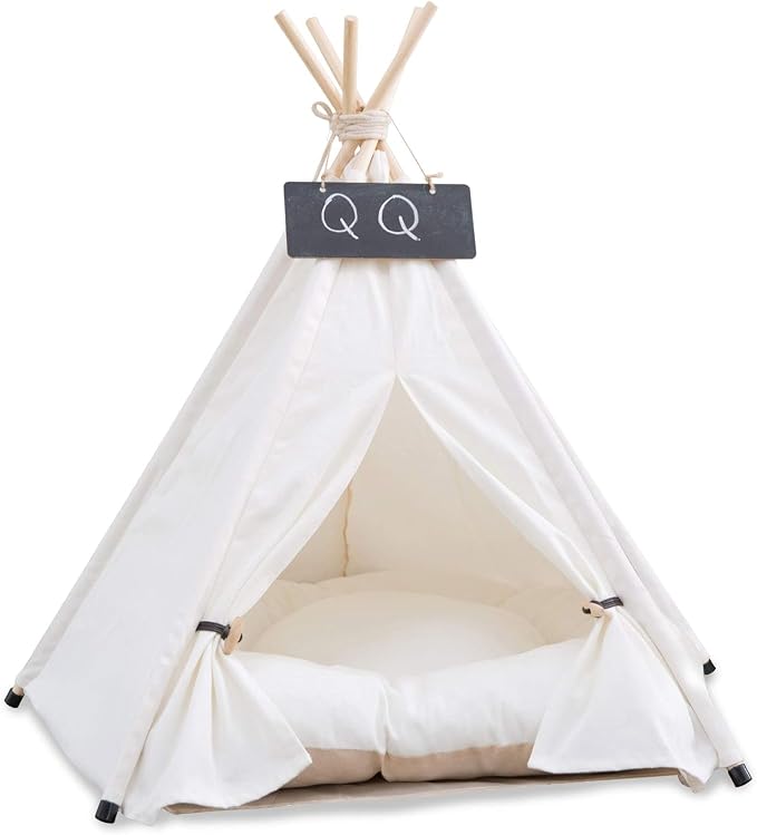 Dog Teepee Bed Cat Tent Portable Houses Pet Puppy with Thick Cushion (M:Size fits 9kg/20lbs (Pets)) | (White, M:Size fits 9kg/20lbs (Pets))