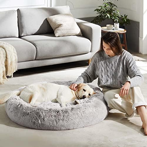 Western Home Calming Donut Large Dog Bed Pet Bed,36" White Khaki | Fluffy Faux Fur Round Cuddler,Anti-Anxiety,Anti-Slip Bottom,Plush Round Pet Dog Beds for Large Sized Dogs,Up to 80 LBS