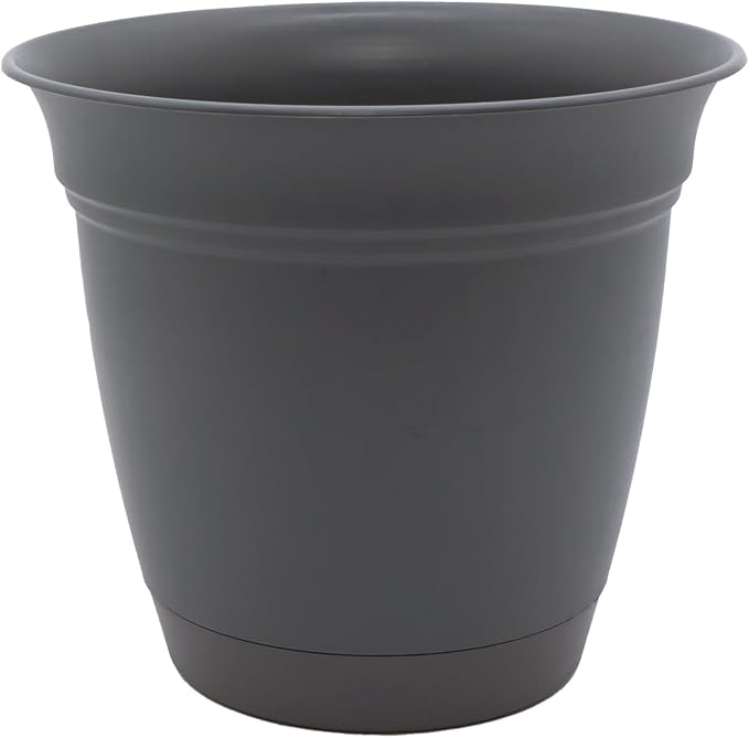 The HC Companies Eclipse Round Planter with Saucer - Outdoor & Indoor Plant Pot with Drainage Holes - Lightweight, UV-Resistant Plastic Pots for Plants, Flowers & Herbs (6" Warm Gray, Pack of 1)