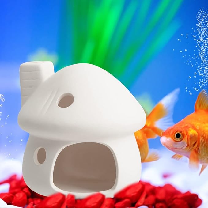 AnRui Natural Fish Tank Decortation Cute Mushroom Ceramic Aquarium Decor Small House Betta Cave Hideout Ornament Accessories for Small Fish, Shrimp, White