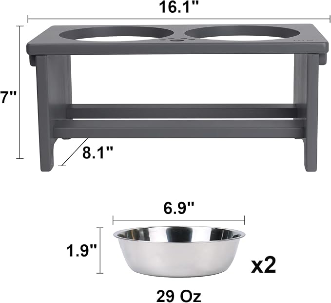 HTB Elevated Dog Bowl Stand with 2 Stainless Steel Bowls-7" H Medium Grey | Raised Dog Bowl Stand, 7"tall, 29 Oz Bowls, for Medium Sized Dogs, Pet-safe, Solid Bamboo