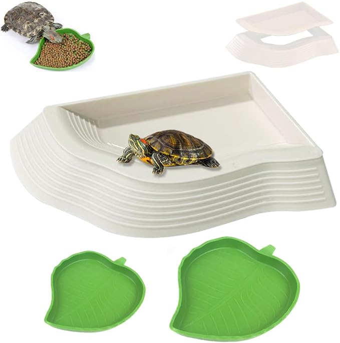 3 Pcs Tortoise Water Dish with Ramp Leaf Tortoise Water Food Bowls Reptile Water Dish Amphibians Habitat Accessories for Lizard Turtle Horned Frog White