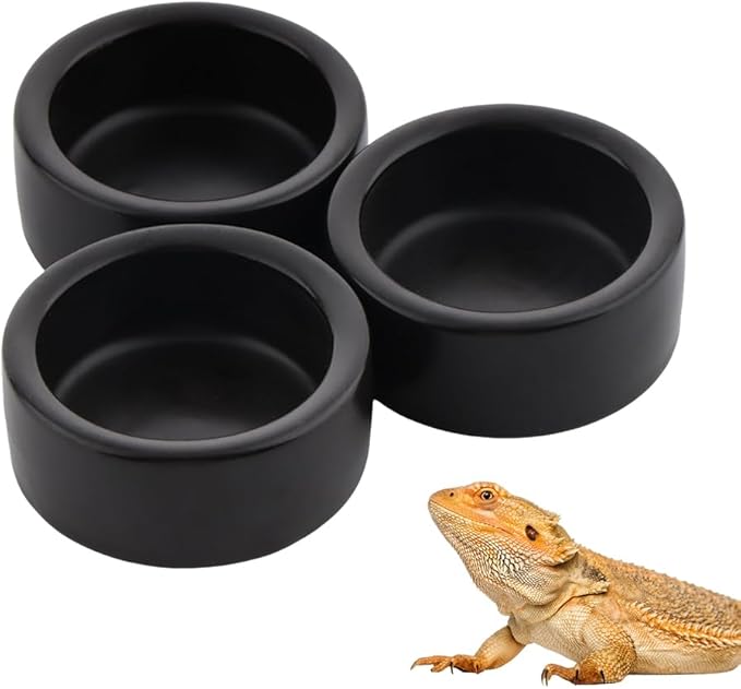 3 Pack Reptile Ceramic Feeding Bowl Food and Water Dish Anti Escape Bowl for Small Reptile Spider Lizard Gecko Frog Turtle Hermit Crab (Black)