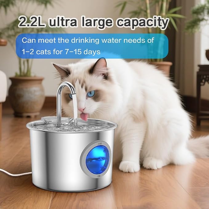 Cat Water Fountain Stainless Steel: Cat Fountain for Drinking with 6 Filters + 6 Sponges - 74oz/2.2L Pet Water Fountain for Cats Inside - Quiet Cats Water Bowl Dispenser - Kitten Drinking Fountains