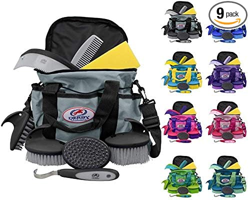 Derby Originals 9Piece Horse Grooming Set with Matching Nylon Carry Bag - Available in 8 Fun Colors, Grey & Black