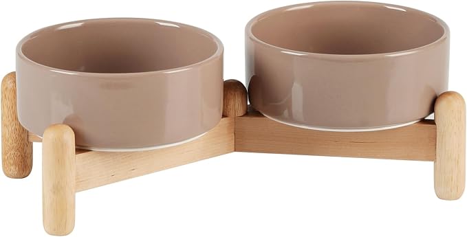 Havniva Elevated Dog Bowls Ceramic Dog Bowls with Stand, Dog Food Bowl | 5.1” Raised Dog Bowls with Non-Slip Wood Stand, Dog Food and Water Bowl Set, Double Dog Feeding Bowls for Small Dogs