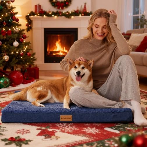 Patas Lague Orthopedic Large Dog Bed Pet Sofa Mat 42''X28'' Navy Blue | Egg-Crate Foam Dog Couch For Large Sized Dogs, Waterproof Removable Washable Cover, Soft Pet Crate Bed With Nonskid Bottom