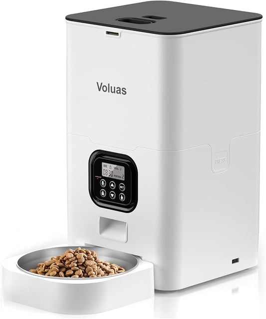 VOLUAS Automatic Cat Feeder, 6L Timed Dry Food Dispenser for Cats & Dogs | Programmable Portion Control, Up to 4 Meals Daily, Dual Power Supply, Power-Off Memory, 10-Second Voice Recorder