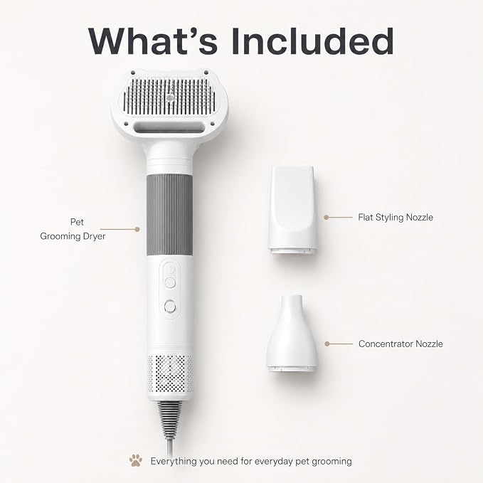 Pet Hair Dryer with Grooming Brush, Dog Blow Dryer, 3-in-1 Cat Blower, Grey | 110,000 RPM Pet Blower with One-Click Hair Removal, 3 Heat & 2 Speed Settings for Professional Home Grooming