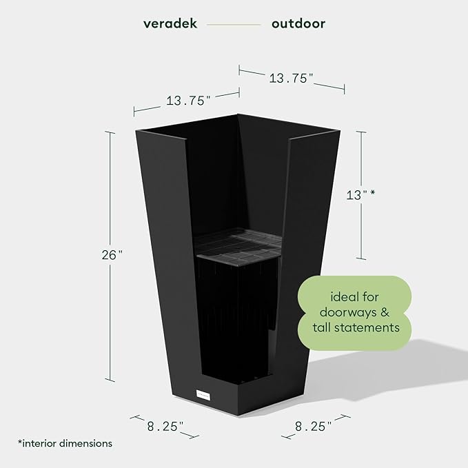 Veradek V-Resin Indoor/Outdoor Taper Planter (Black, 26 inch - 2 Pack with 2 Saucer Trays)