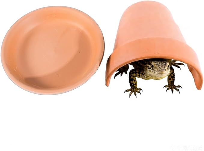 2Pcs Terracotta Reptile Hide and Feeding Bowl Set, Terra Cotta Clay Hideout and Food Water Feeder Dish for Lizard Leopard Gecko Hermit Crab Terrarium Tank Accessories