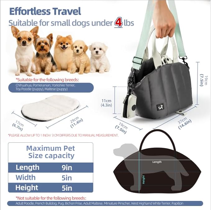 Small Dog Carrier Purse, Portable Pet Carrier Tote Carrier with Pockets, Adjustable Safety Leash, Waterproof Dog Travel Bag, Travel Pets Purse up to 4 Lbs, Dark Grey