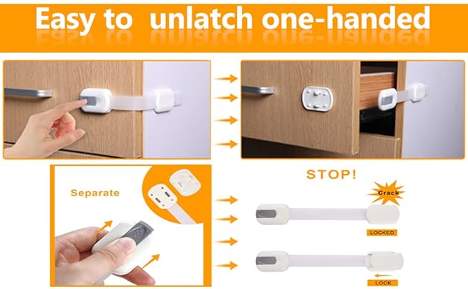 Vmaisi Baby Proofing Cabinet Locks - Childproofing Adjustable Multi Use Straps Latches for Drawers, Fridge, Dishwasher, Toilet Seat, Cupboard, Closet, Oven,Trash Can, Adhesive No Drilling (White) (4)