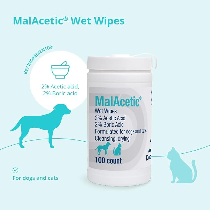MalAcetic Wet Wipes for Dogs and Cats 100 Count | Cleansing, Drying; 2% Boric Acid; 2% Acetic Acid; Packaging May Vary
