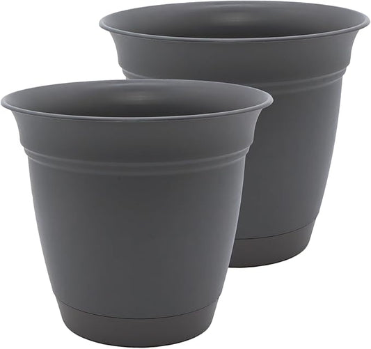 The HC Companies 10 Inch Eclipse Round Planter Pots with Drainage Holes & Attached Saucer, Lightweight UV-Resistant Plastic Indoor & Outdoor Planters, 2-Pack Flower Pots, Garden Home Decor, Warm Gray