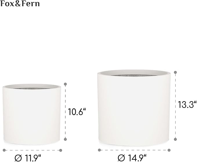 Fox & Fern Large Indoor Planter, Modern Large Plant Pot for Indoor or Outdoor, UV and Frost Resistant - Set of 2: 12 and 14.6 Inch, White Flower Pot with Drainage Plug, Lightweight