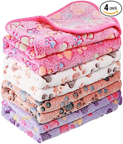 Tatuo 4 Pack Fleece Dog Blankets for Puppy Cats Multi-Size Sleep Mat for Pet Guinea Pig Soft Washable Warm Crate Bed Puppy Teething Toys Print Pattern Blanket Indoor(Mixed Color,30 x 20.5 Inch,Paw)