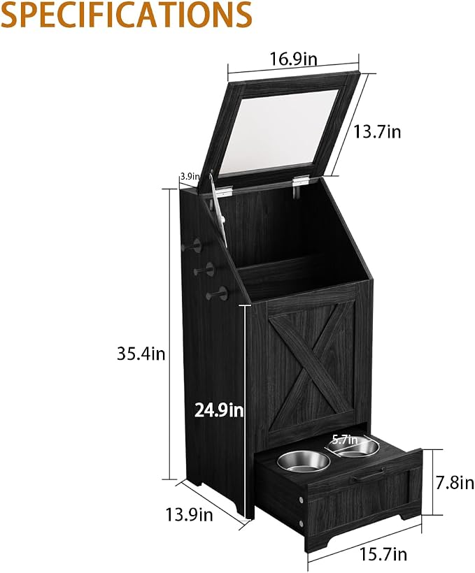 Dog Feeding Station with Storage Cabinet and 2 Elevated Dog Bowls, Hidden Pet Food Storage Organizer for Dog &Cat, Modern Dogs Furniture, Black