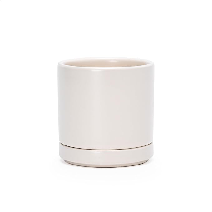 D'vine Dev 3.5 Inch Ceramic Planter Pot, Oatmeal, 94-O-A-8 | Modern Cylinder Design, Drainage Hole & Saucer Included, Stable Structure, Elegant Home Accent