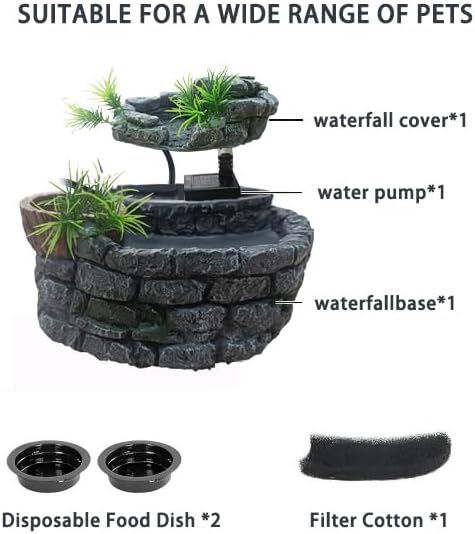 550ML Reptile Water Fountain with Food Dish – Terrarium Drinking Fountain for Bearded Dragon, Gecko, Chameleon, Lizard, Tree Frog & Turtle – Keeps Water Clear, Easy-to-Use Water Dispenser