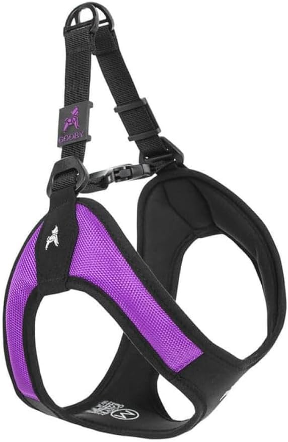 Gooby Escape Free Easy Fit Dog Harness, Step-in, Purple, Small | Patented escape-free frame; Contracts if they back out; Step-in easy on/off; Machine washable; Light POM leash ring