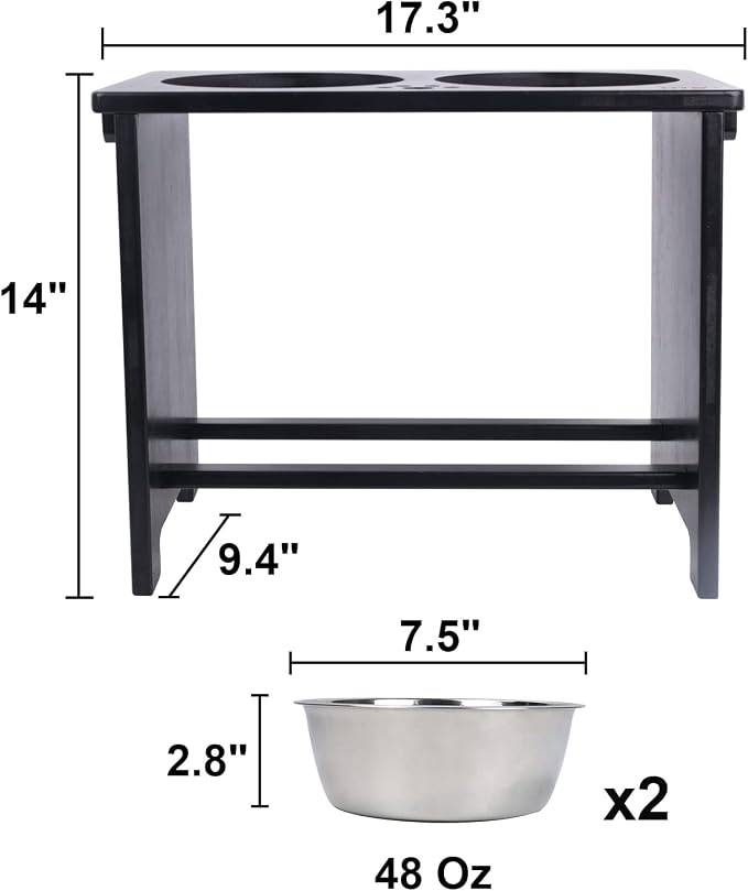 HTB Elevated Dog Bowl Stand with 2 Stainless Steel Bowls-14 H X-Large Black | Raised Dog Bowl Stand, 14"tall, 48 Oz Bowls, for Large Sized Dogs, Pet-safe, Solid Bamboo