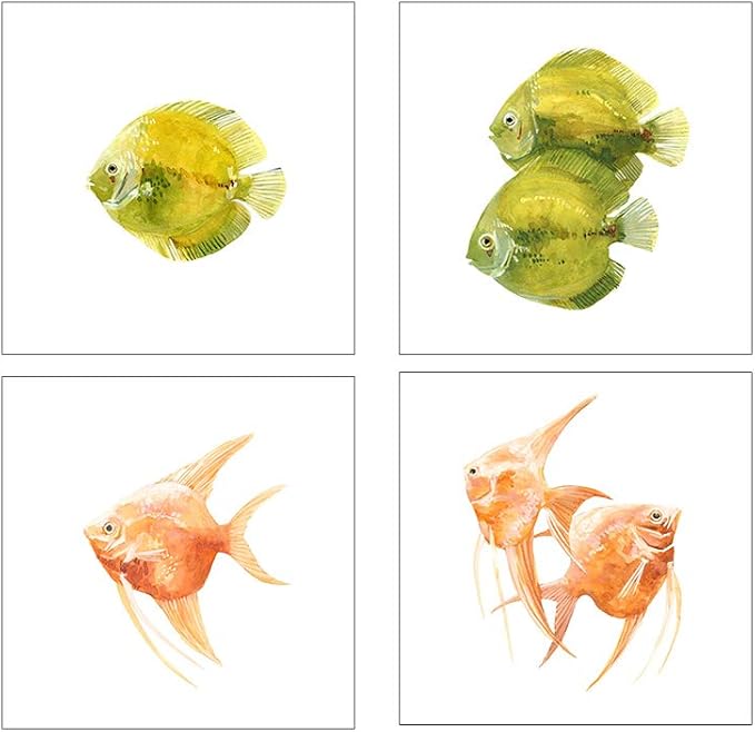 Discus Fish by Emma Scarvey, 4 Piece Unframed Art Print Set, 12 X 12 Inches Each, Sea Life Art