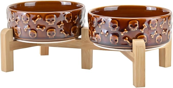 SPUNKYJUNKY Elevated Dog Bowls Ceramic, 5.1'' Dogs and Cat Food Water Bowls Raised with Non-Slip Bamboo Stand for Puppy Small Sized Breed Microwave Dishwasher Safe - 13.5 OZ,Skull Bronze