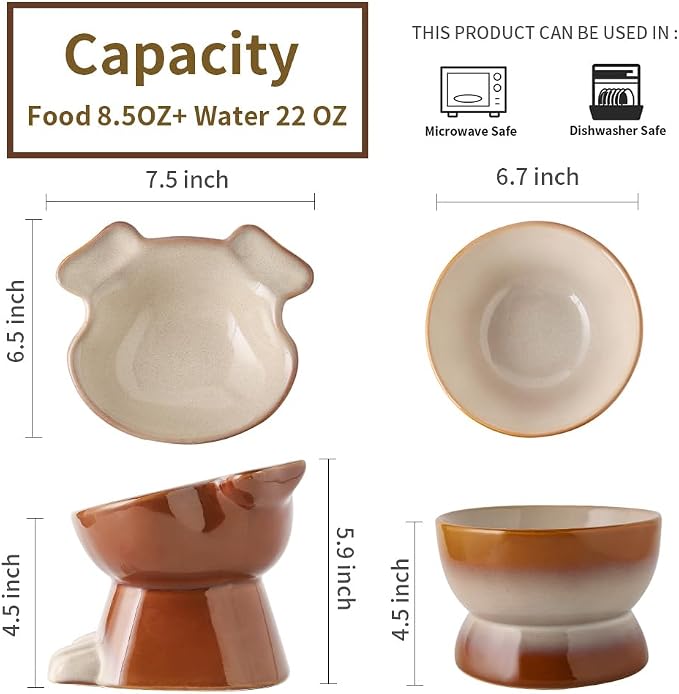 Nihow Dog Food & Water Bowls: Elevated Ceramic Bowls for Medium/Small Dog | Food Safe Raised Puppy Bowls - Brown Pet Bowl for Protecting Pet's Spine (Set of 2)
