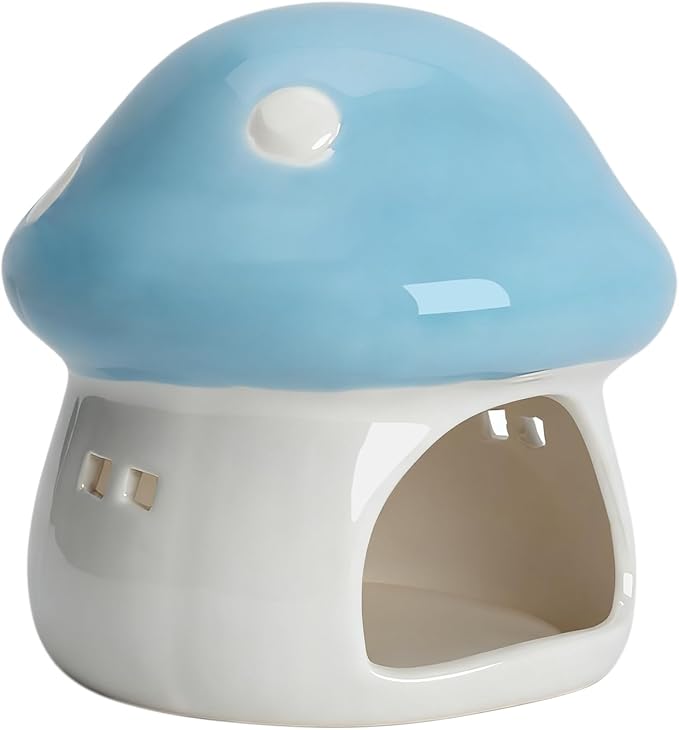 AnRui Ceramic Mushroom Aquarium Decor Cute House Betta Fish Tank Accessories Decoration Hideout Cave for Small Fish, Shrimp, Goldfish and Reptiles, Easy to Clean (Blue, Small)