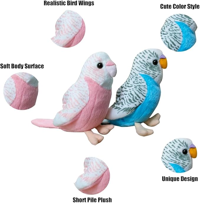 2Pcs Stuffed Parakeet Toy, 5.5 inches, Budgerigar Plush Toy, Parakeet Soft Toy, Stuffed Bird for Kids, Blue and Pink