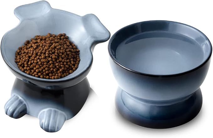 Nihow Dog Food & Water Bowls: Elevated Ceramic Bowls for Medium/Small Dog | Food Safe Raised Puppy Bowls - Gray Pet Bowl for Protecting Pet's Spine (Set of 2)