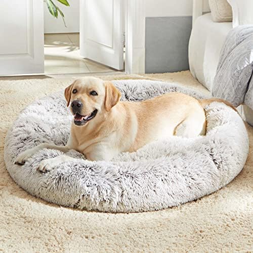 Western Home Calming Donut Large Dog Bed Pet Bed,36" White Khaki | Fluffy Faux Fur Round Cuddler,Anti-Anxiety,Anti-Slip Bottom,Plush Round Pet Dog Beds for Large Sized Dogs,Up to 80 LBS