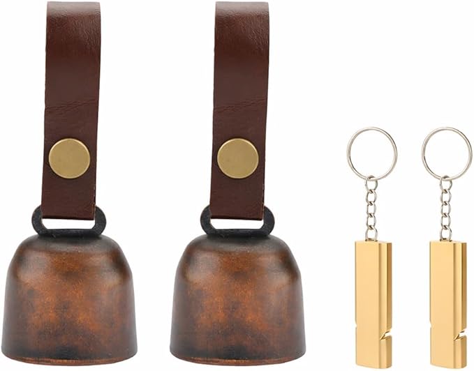 kcrygogo Loud Bear Bells with Leather Button Strap and Emergency Whistle for Survival, Hiking, Biking, Fishing, Climbing（2sets