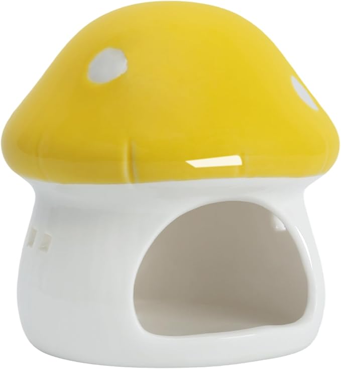 AnRui Ceramic Mushroom Aquarium Decor Cute Mini House Betta Fish Tank Accessories Decoration Hideaway Hideout Cave Ornament for Small Fish, Shrimp, Goldfish and Reptiles (Yellow, Small)