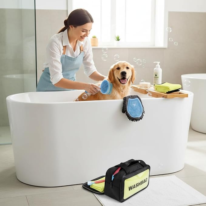 6 Pcs Dog Washing Kit: Bath Brush, Hair Brush, Washing Glove, Dog Towel | Dog Brush for Shedding, Toothbrush, Large Towel, and Dry-wet Separation Bag, Dog Bath Grooming Kit, Dog Bath Supplies