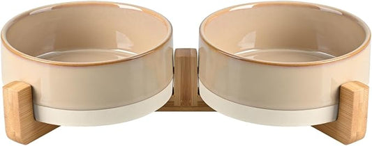 SPUNKYJUNKY Ceramic Dog and Cat Bowl Set with Wooden Stand, Modern Cute Weighted Food Water Bowl Set for Small Size Dogs (1.7 Cups, 2 × Pattern Brown)