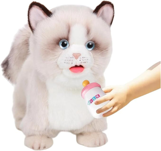 CU-MATE Interactive Pet Ragdoll Cat,Electric Plush Toy Cat,Robot Stuffed Cat with Walking/Nodding/Tail Wagging/Barking/Drinking Milk, Gift for Girls Boys