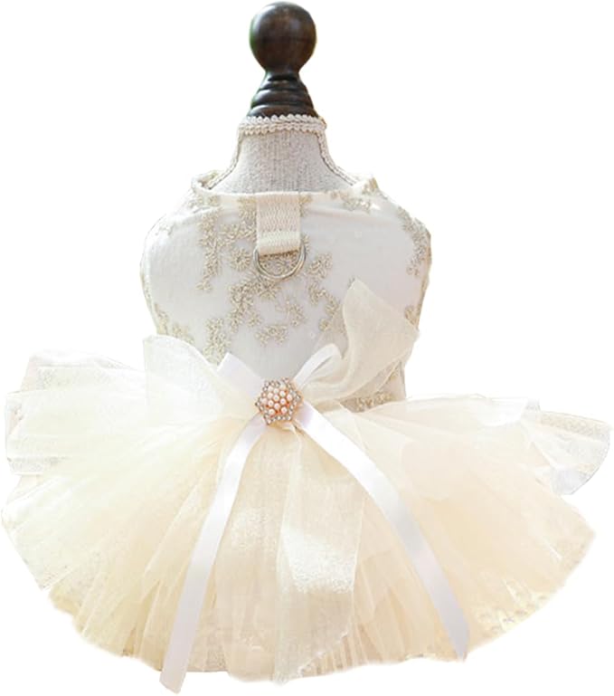 ANIAC Embroidered Dog Dress for Small Dog,Girl Puppy Princess Tutu Dress with Leash Ring,Cat Apparel,Chihuahua Yorkie Clothes for Birthday Wedding (Small, Champagne)