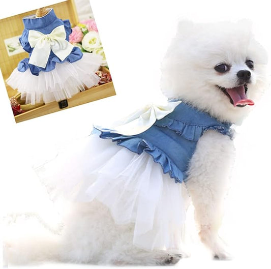 ANIAC Blue Denim Dog Dresses for Small Dog Girl Spring Summer Puppy Clothes Fancy Dress for Dogs Cat White Lace Pet Tutu Outfit for Birthday Wedding Valentine(Large)
