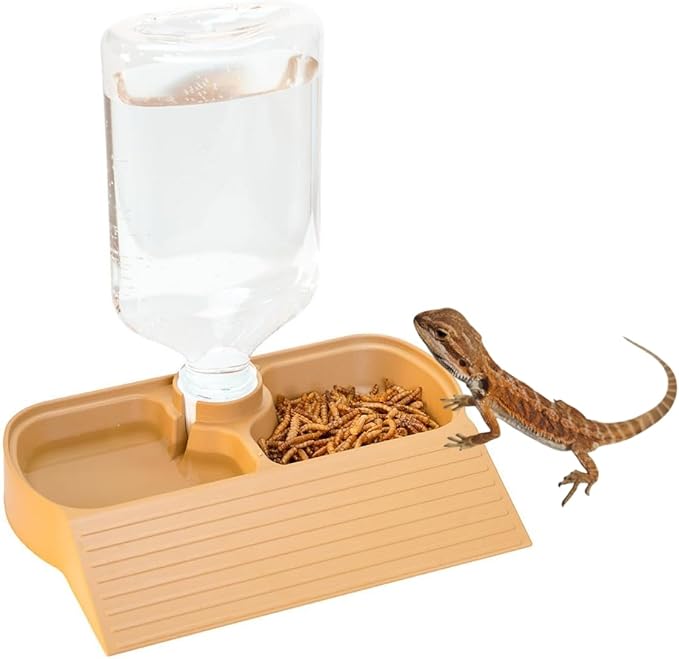 17oz 2 in 1 Terrarium Tank Reptile Food Feeders Bowl, Water Feeder Automatic Water Dispenser Waterer Feeding Accessories, for Geckos Lizards Turtle Bearded Dragons (Yellow)