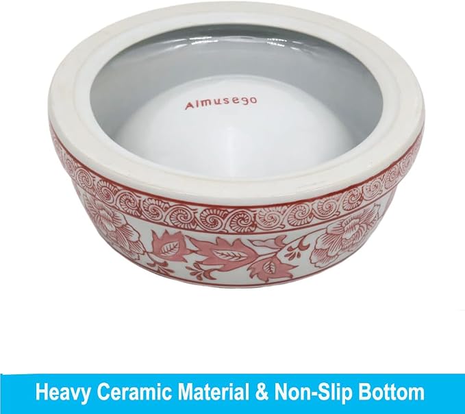 Aimusego Pink & White Ceramic Dog Bowl,Chinoiserie Floral Heavy Duty Non-Slip Dog Food Water Bowls, Ceramic Dish for Medium and Small Dogs and Cats, for Pet Owners,Puppy 9inch