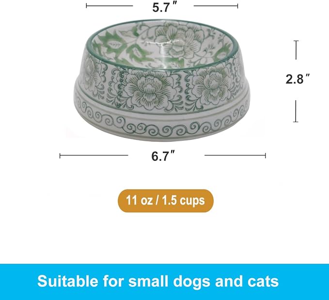 Aimusego Ceramic Cute Dog Cat Bowl for Small Breeds, Handpainted Green & White Heavyweight Durable Pet Food and Water Dish Crock, Dishwasher Safe- 1.5 Cups