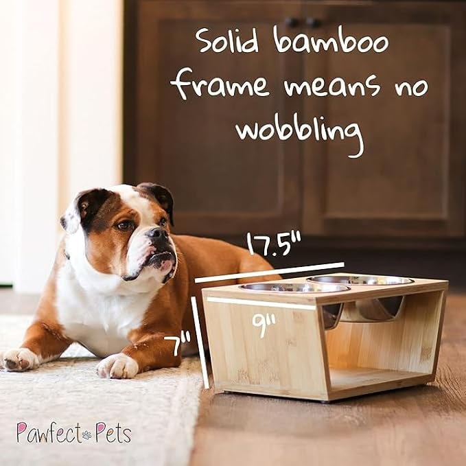 Elevated Dog Bowl Stand- 7" Raised Pet Feeder for Medium Dogs with Four Stainless Steel Bowls.